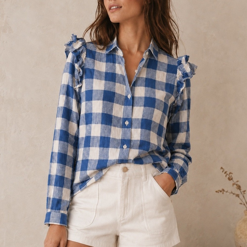 Emerson Fry‎ Sanibel Plaid Shirt Women's XS Warm Blue Everyday Casual Cotton